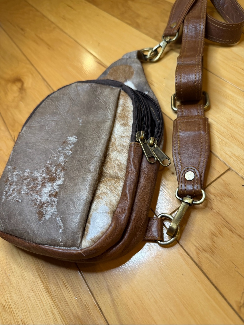 Genuine Cowhide Hair On Hair Sling Bag Brown Faux Leather Crossbody Chest Bag